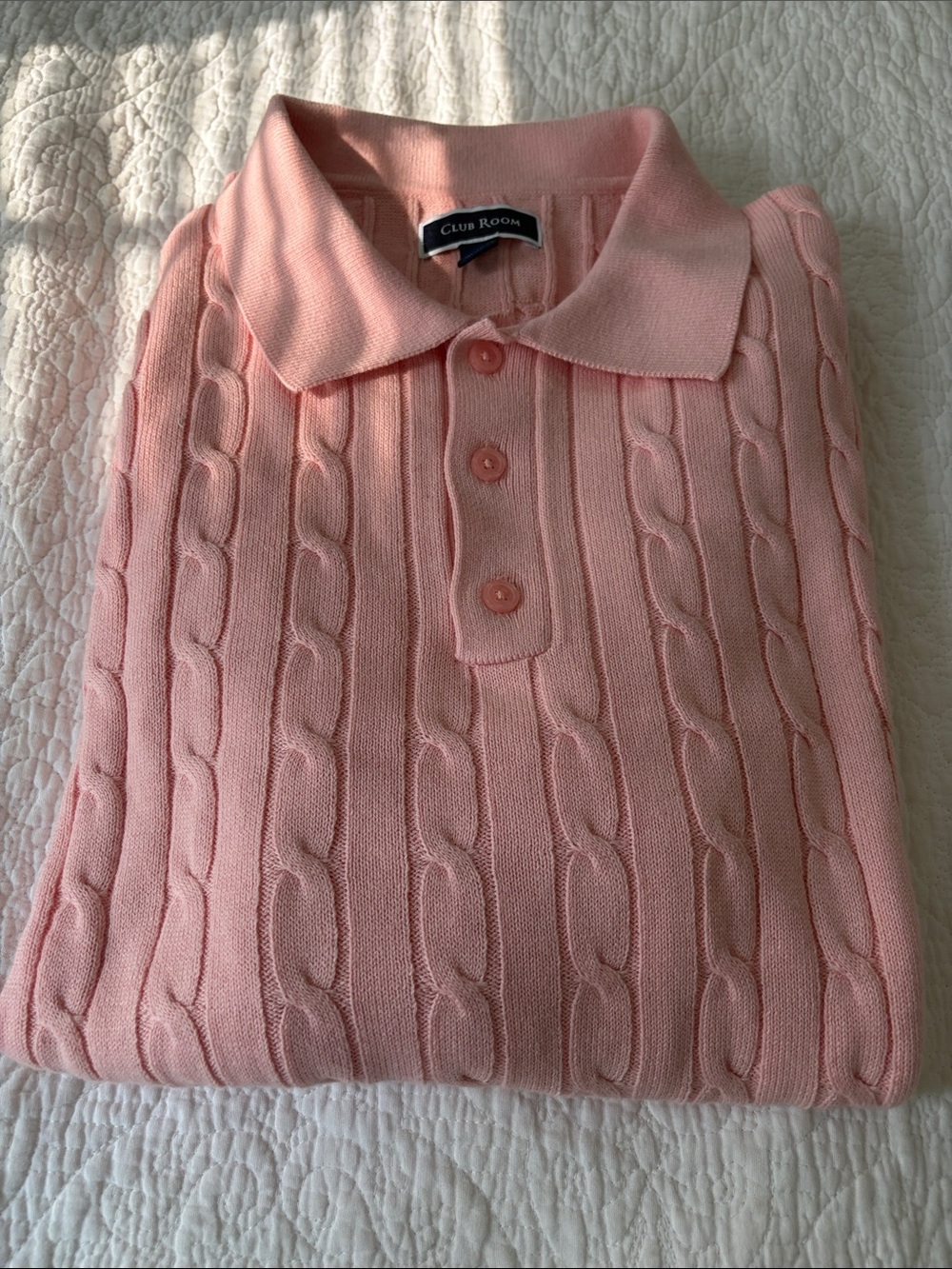 Club Room Women’s Soft Pink Cable-Knit Polo V-Neck Sweater